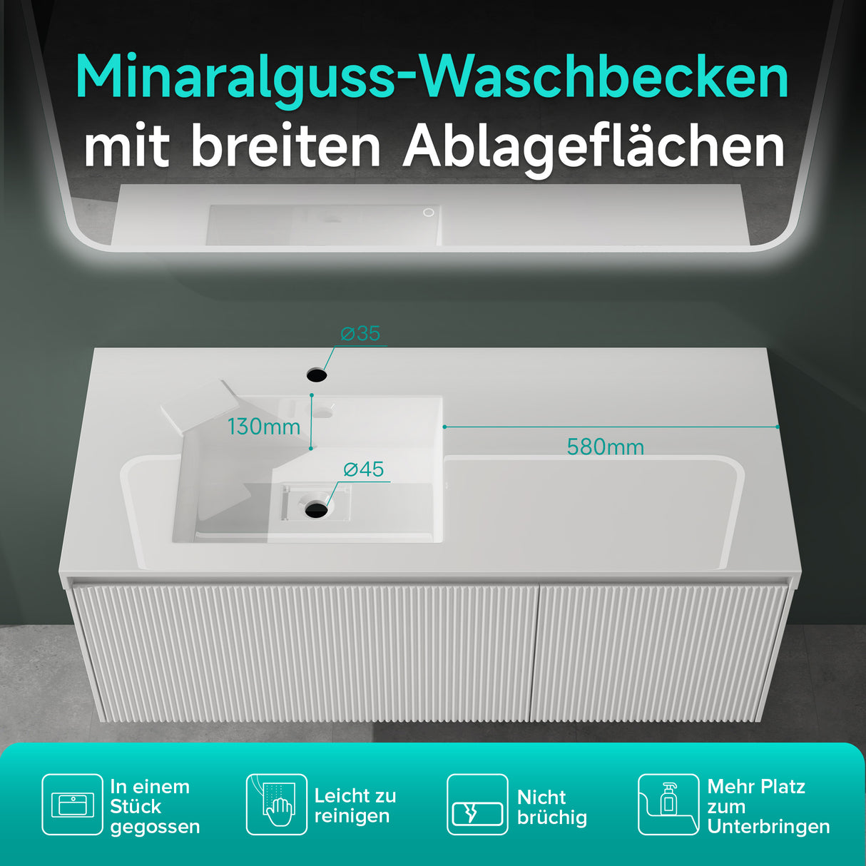 glasvilla Design Badmöbel Set Waschtisch mit Unterschrank Waschbeckenunterschrank 120cm mit Softclose Schubladen inkl. Mineralguss Waschbecken Santa