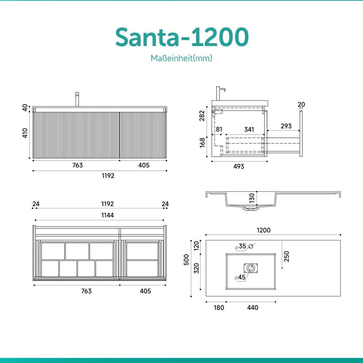 glasvilla Design Badmöbel Set Waschtisch mit Unterschrank Waschbeckenunterschrank 120cm mit Softclose Schubladen inkl. Mineralguss Waschbecken Santa
