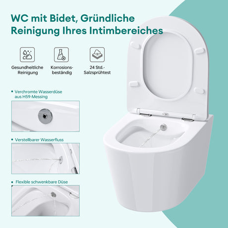Glasvilla Design – Inodoro suspendido sin reborde Aachen601 con función bidé integrada y Soft-Close