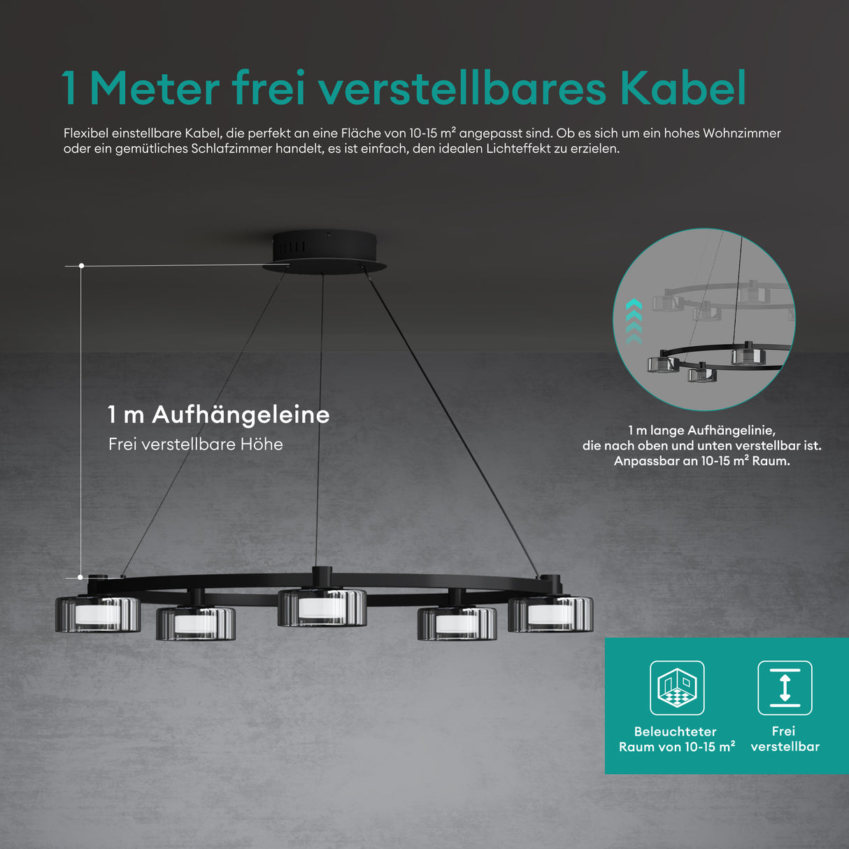 glasvilla Pendelleuchte LED Hängelampe 3000K/4000K/6000K Verstellbares Kabel Schwarz Hängeleuchte für Esszimmer Wohnzimmer Schlafzimmer