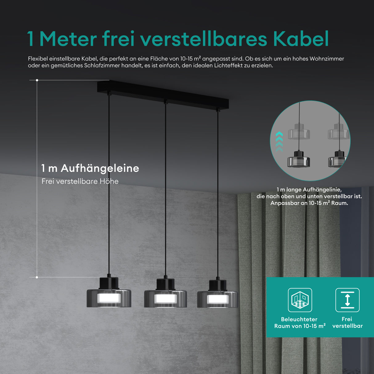 glasvilla Pendelleuchte LED Hängelampe 3000K/4000K/6000K Verstellbares Kabel Schwarz Hängeleuchte für Esszimmer Wohnzimmer Schlafzimmer