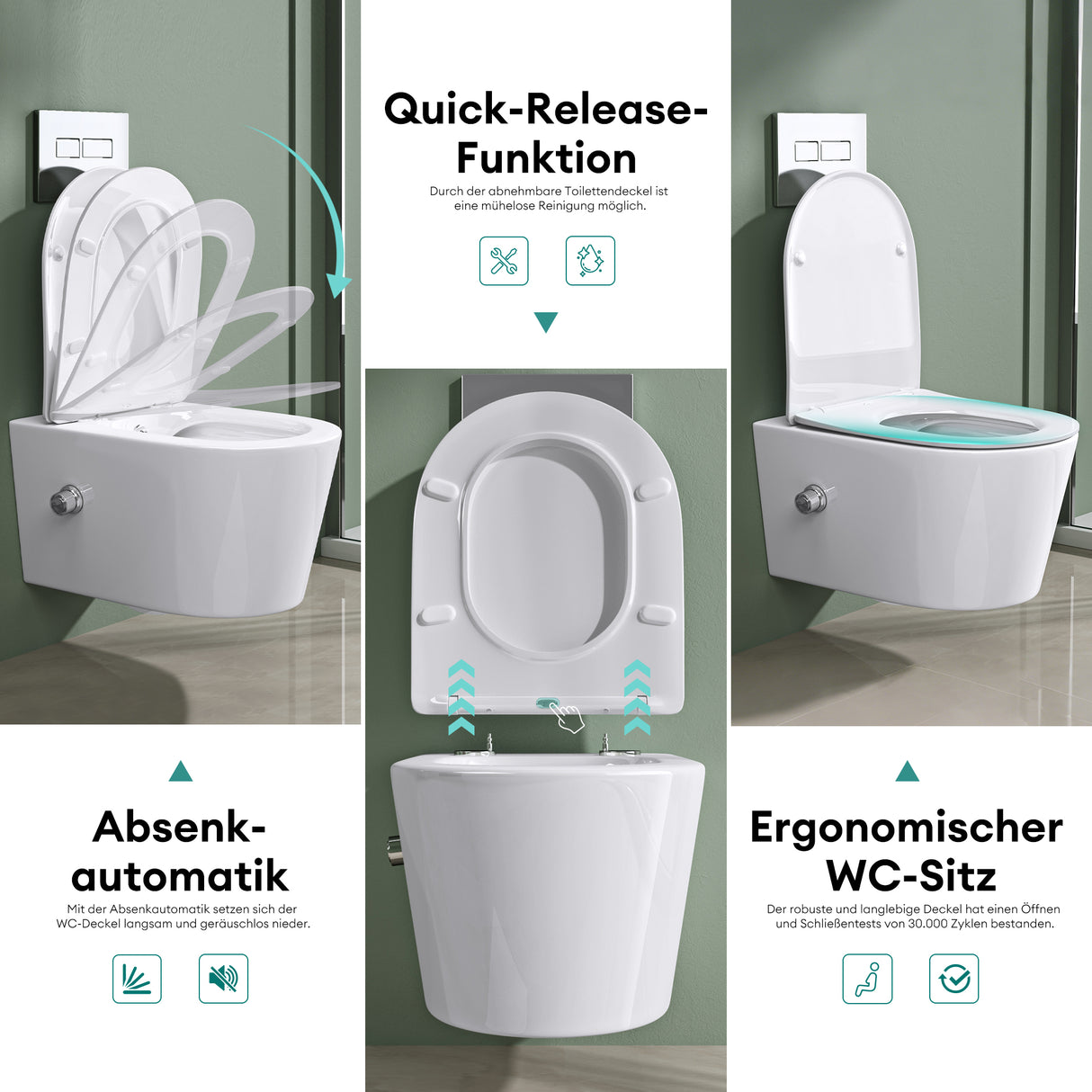 glasvilla Hänge WC Toilette Wand-WC Spülrandlos Weiß aus Keramik Wandmontage mit Absenkautomatik Aachen601