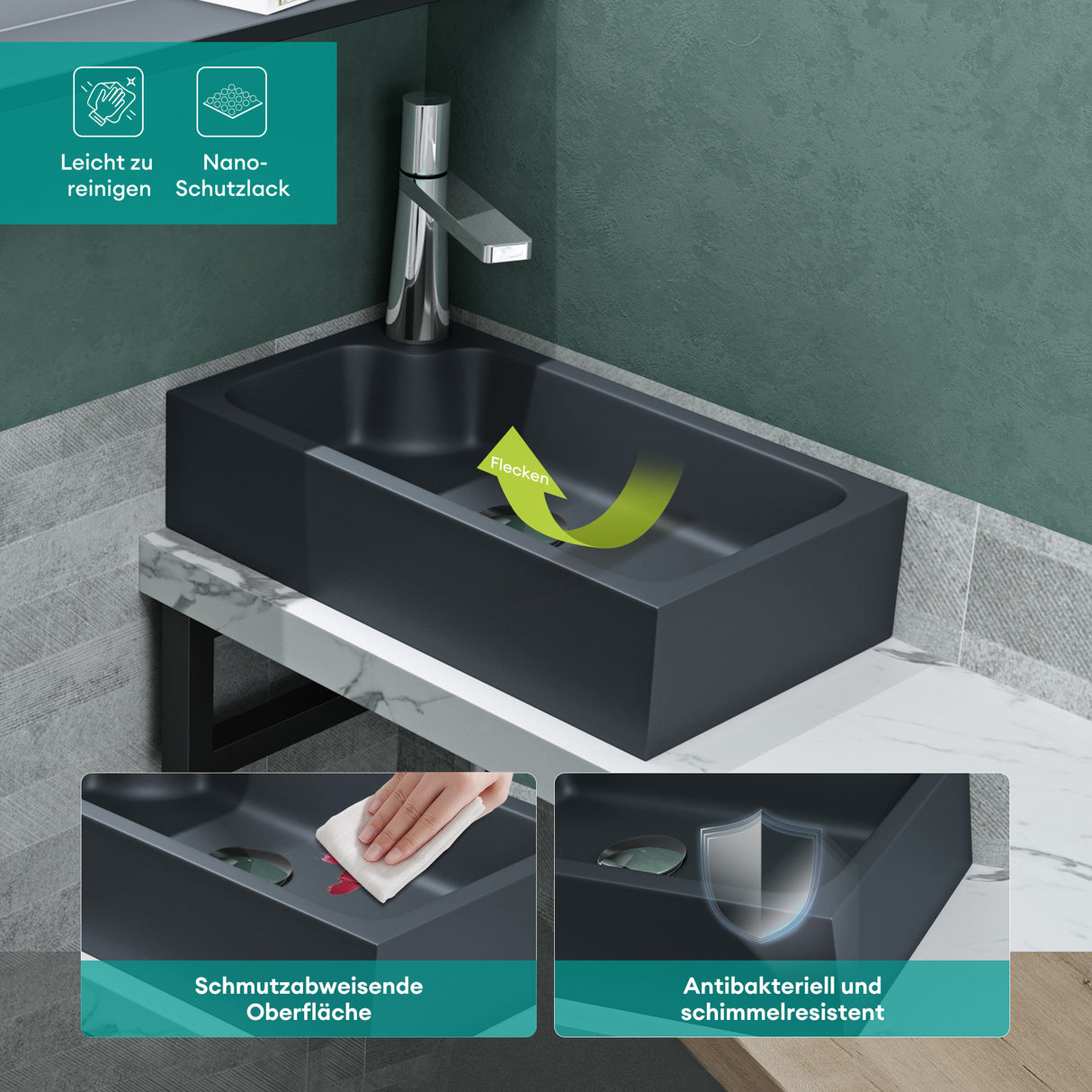 glasvilla Waschbecken Gäste WC Aufsatzwaschbecken mit Hahnloch 46x26x11cm Mineralguss Eckig Klein Waschschale Waschplatz Colossum101