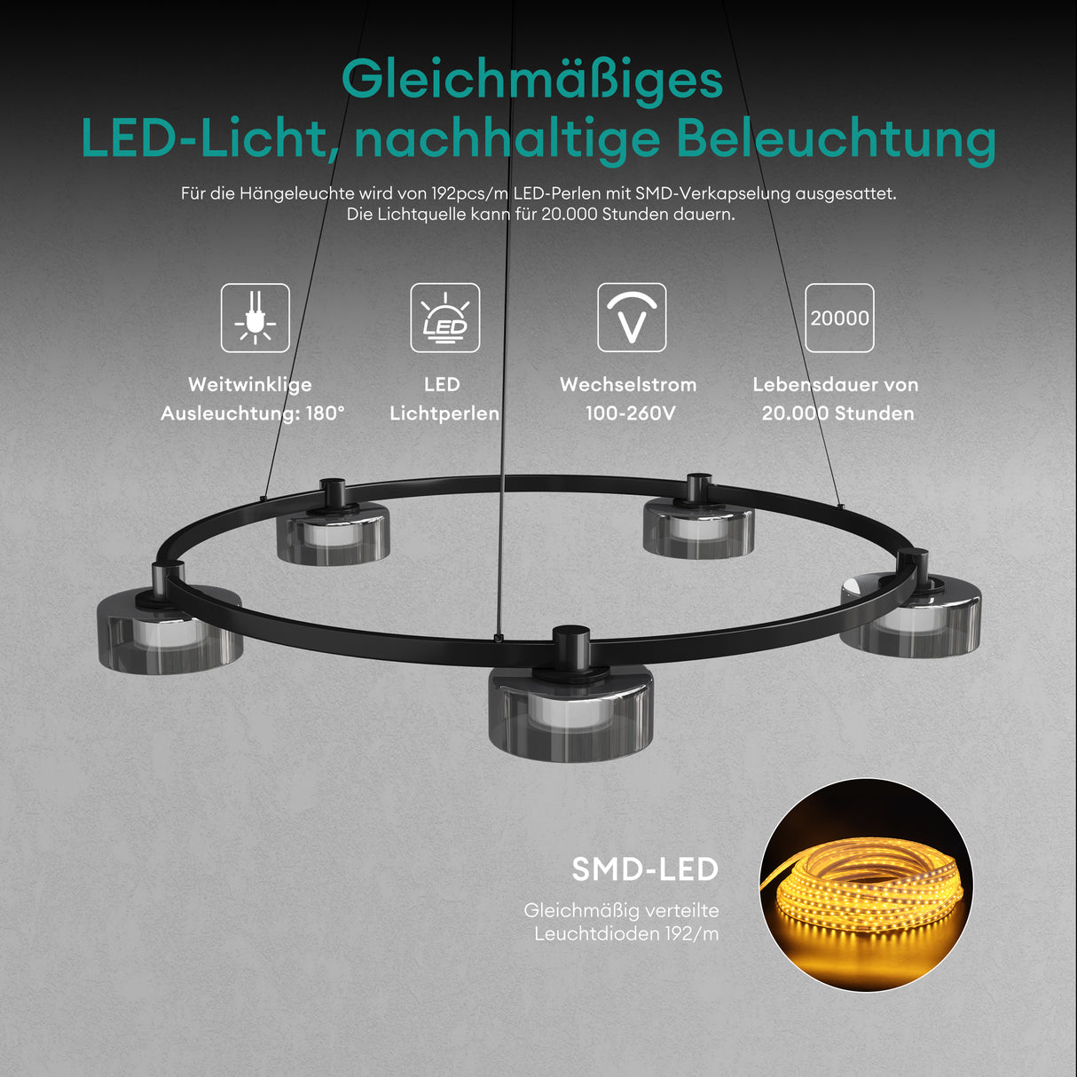 glasvilla Pendelleuchte LED Hängelampe 3000K/4000K/6000K Verstellbares Kabel Schwarz Hängeleuchte für Esszimmer Wohnzimmer Schlafzimmer