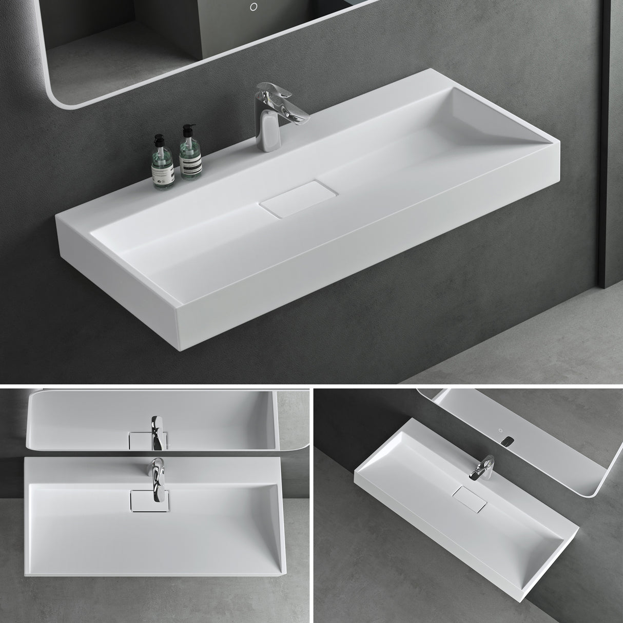 lavabo Glasvilla, lavabo à poser, lavabo suspendu, meuble vasque suspendu avec bonde, en fonte minérale, zone de vasque rectangulaire col19