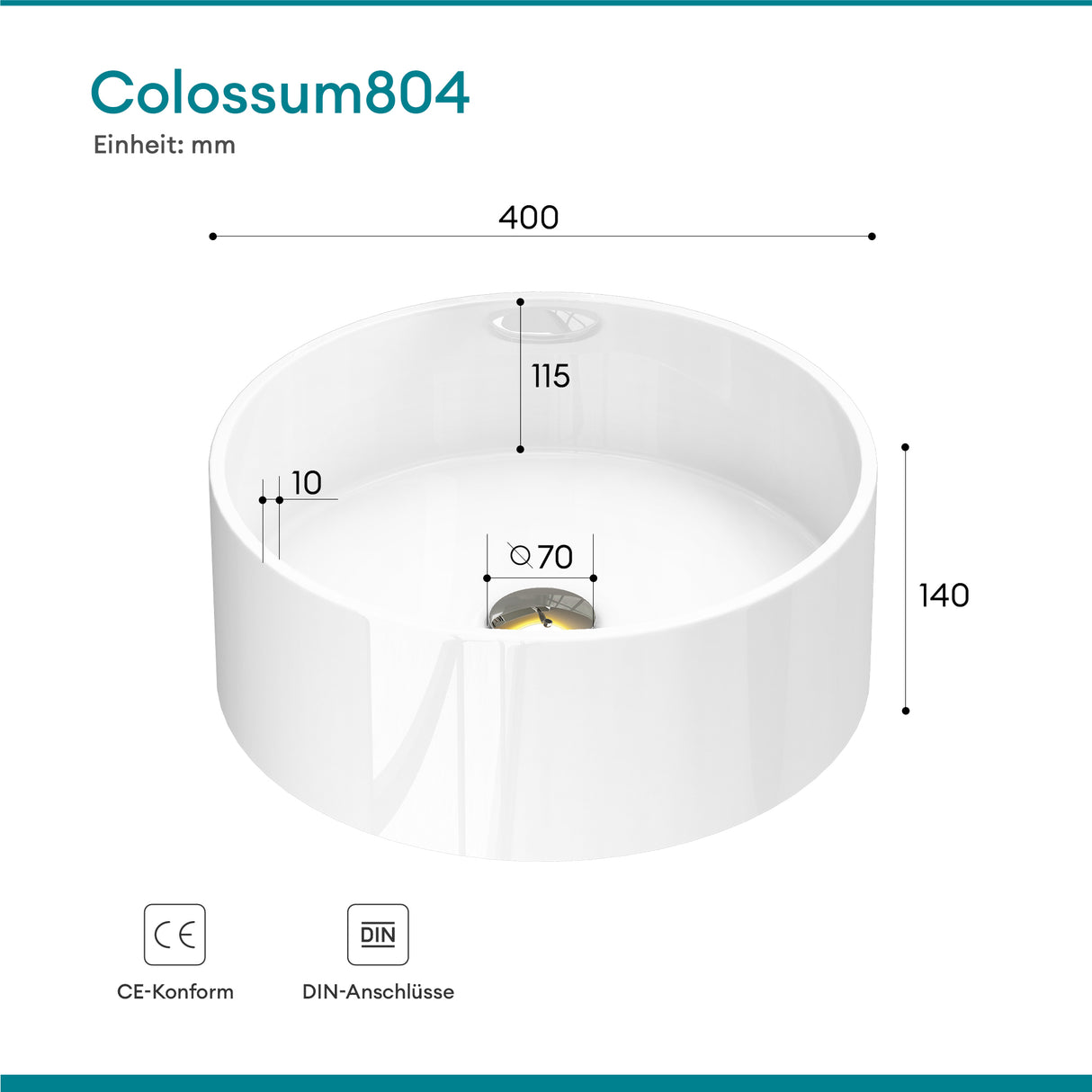 Glasvilla Lavabo Cuadrado para Encimera 40x40x15 cm, Mineralguss, Modelo Col804