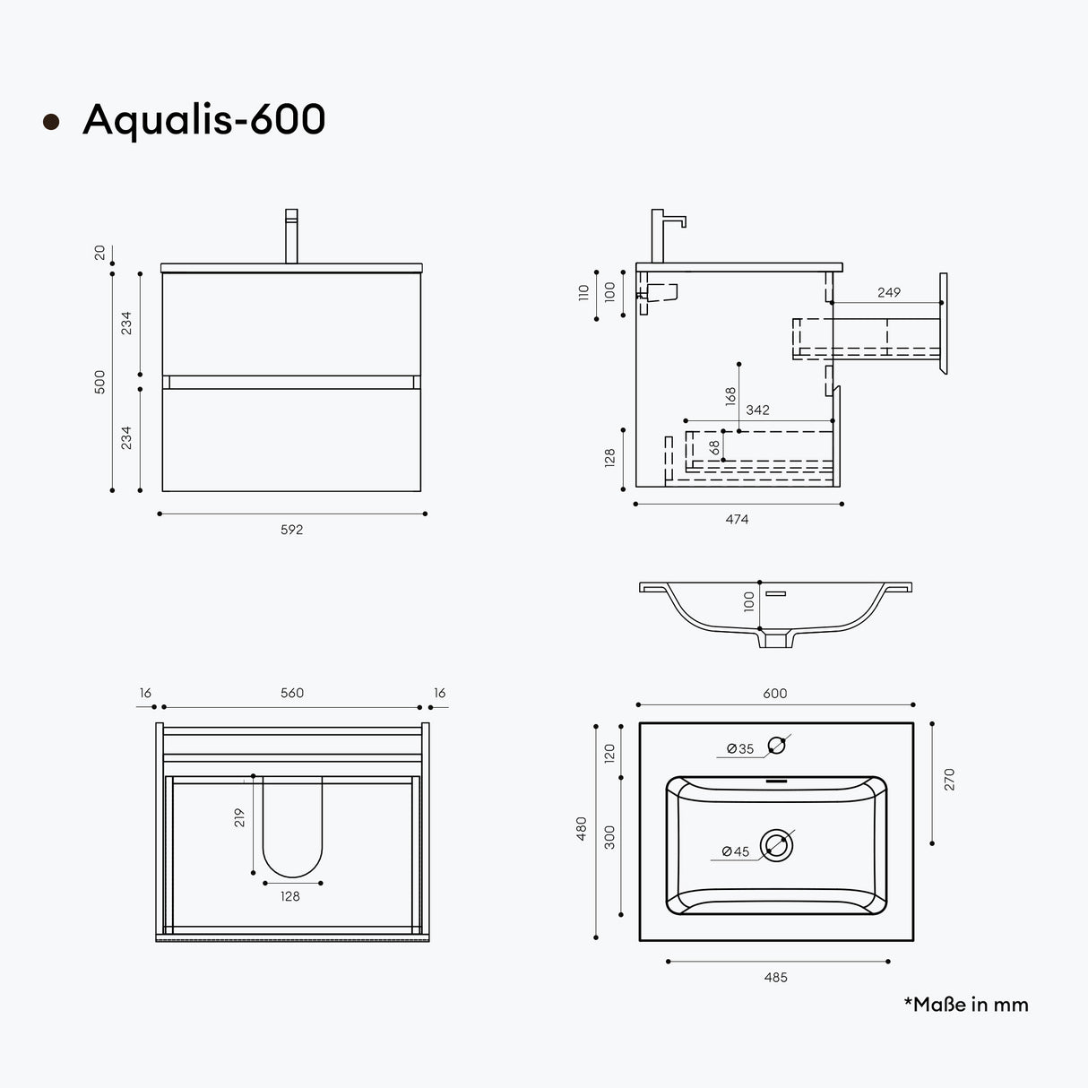 glasvilla Badmöbel-Set Waschtisch mit Unterschrank Mineralguss Waschbecken in Anthrazit Waschbeckenunterschrank  2-Schubladen Soft-Close Aqualis