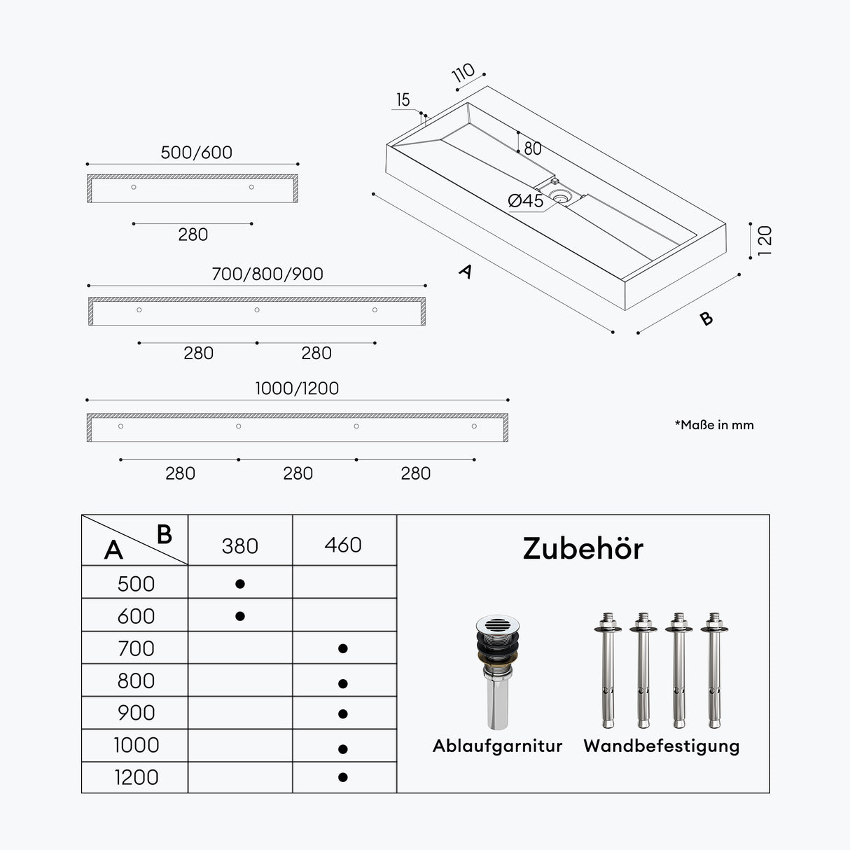 lavabo Glasvilla, lavabo à poser, lavabo suspendu, meuble vasque suspendu avec bonde, en fonte minérale, zone de vasque rectangulaire col19