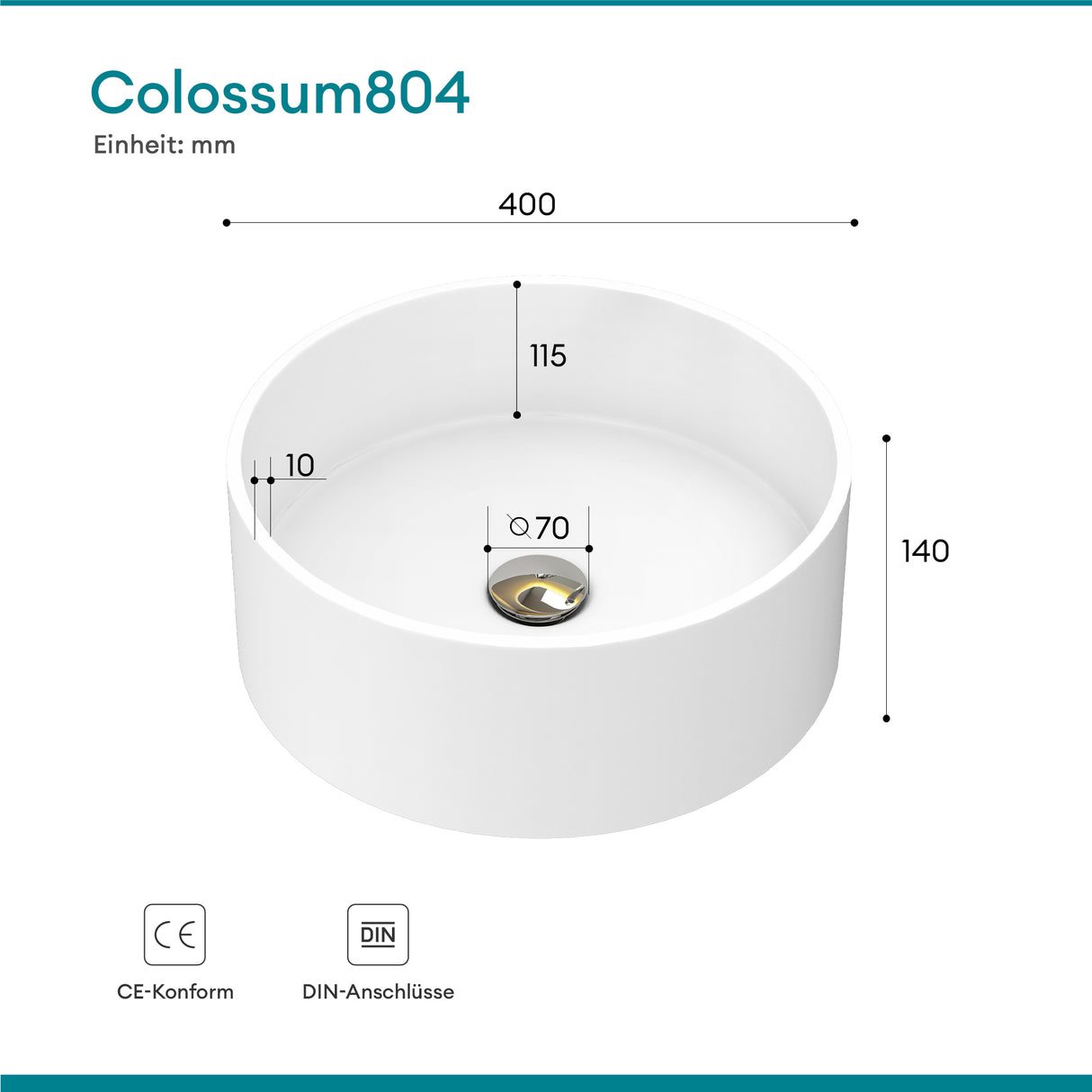 Glasvilla Lavabo Cuadrado para Encimera 40x40x15 cm, Mineralguss, Modelo Col804