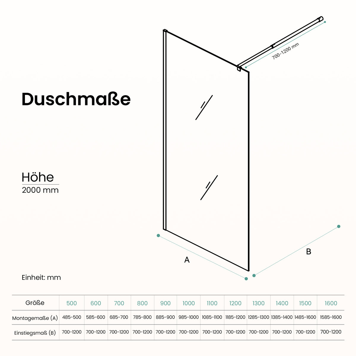 glasvilla Duschwand für Dusche Duschabtrennung Walk-In Dusche Duschtrennwand Schwarz 10mm ESG-Sicherheitsglas NANO Glas Vollsatiniert BRAM1/BRAM3 Bremen02VS