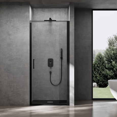 glasvilla Duschtür Nischentür dusche Duschabtrennung Chrom und Schwarz Duschkabine Schwingtür 8mm ESG-Sicherheitsglas mit Nanobeschichtung Hebe-Senk-Mechanismus Klarglas und Milchglas Streifen Teramo36K