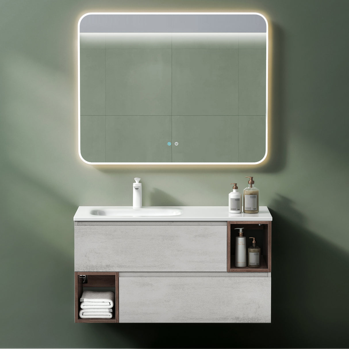 glasvilla Mobile Bagno Sospeso Mobinetto da bagno con Specchio e Lavabo da Marmo fuso, Gemini