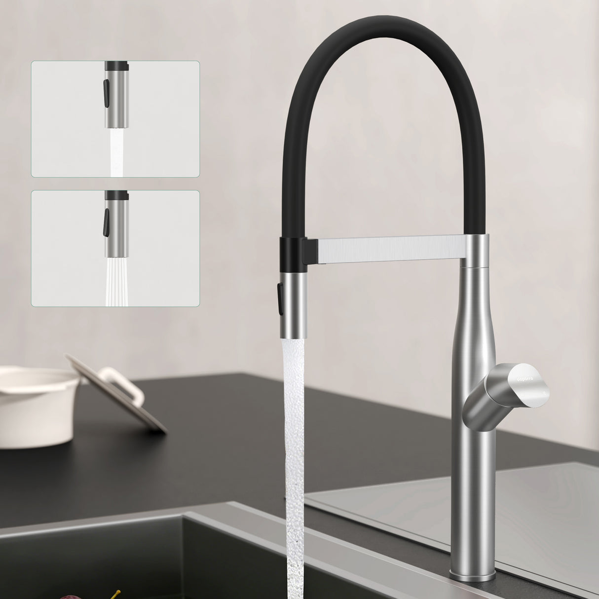 glasvilla Küchenarmatur Spültischarmatur aus Edelstahl, Küchenwasserhahn mit Einhebelmischer und magnetischer Geschirrbrause, 360° Schwenkbar Turnix-01