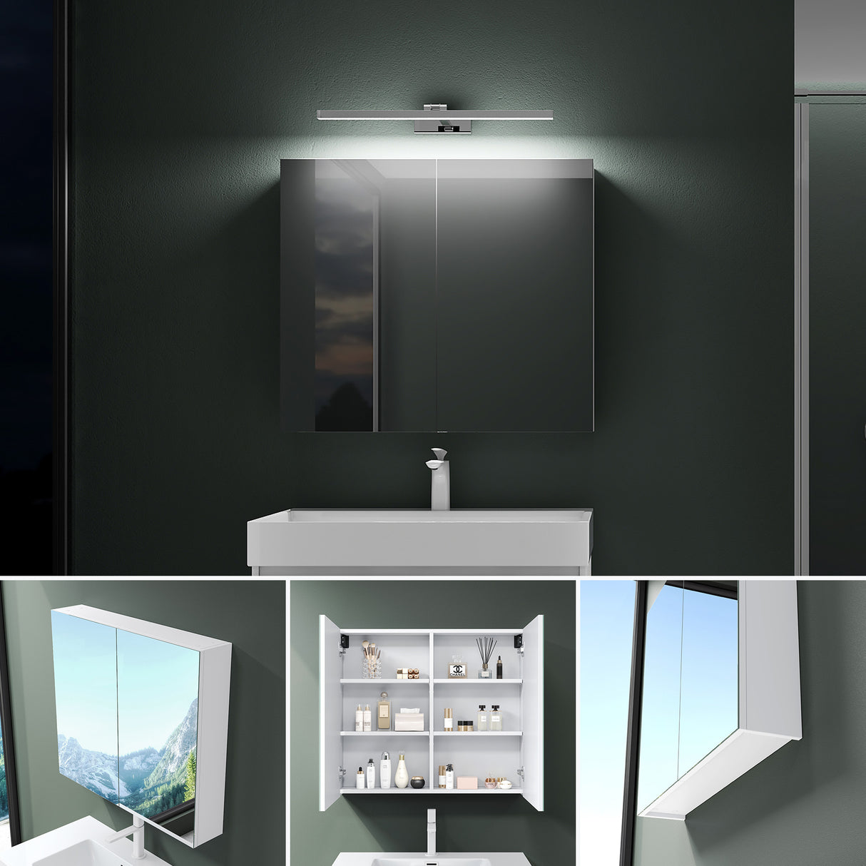 glasvilla Spiegelschrank mit Spiegellampe Badezimmerschrank Spiegelleuchte 180° Drehbar LED Badlampe Strahlenschön