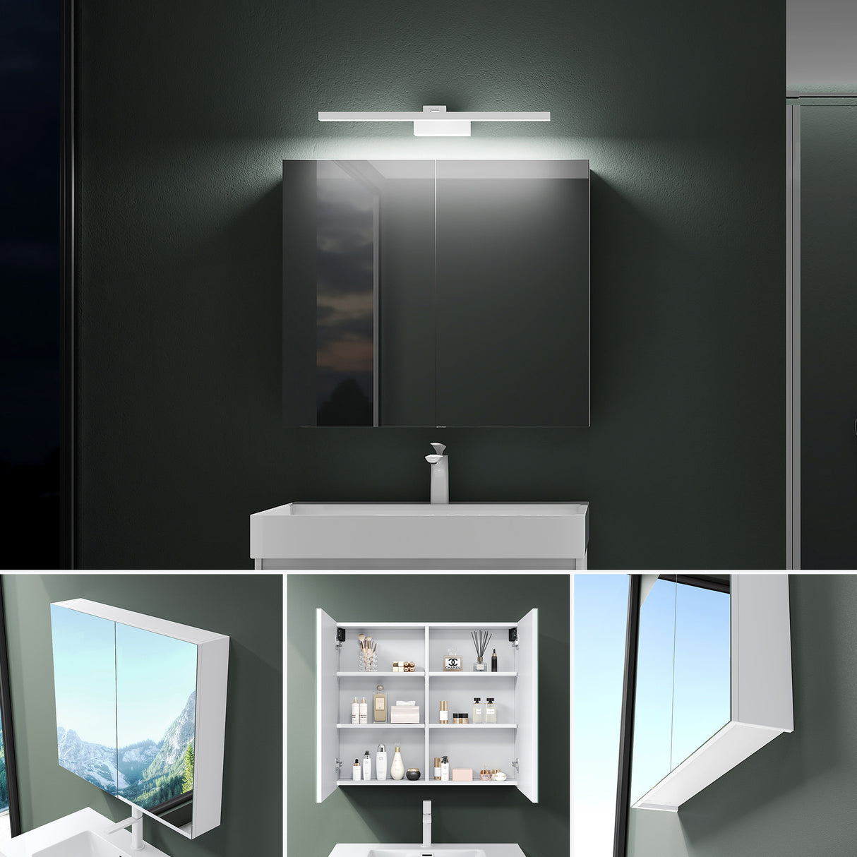 glasvilla Spiegelschrank mit Spiegellampe Badezimmerschrank Spiegelleuchte 180° Drehbar LED Badlampe Strahlenschön