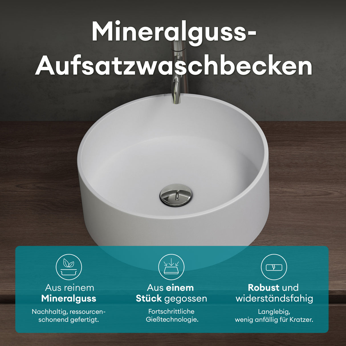 Glasvilla Lavabo Cuadrado para Encimera 40x40x15 cm, Mineralguss, Modelo Col804