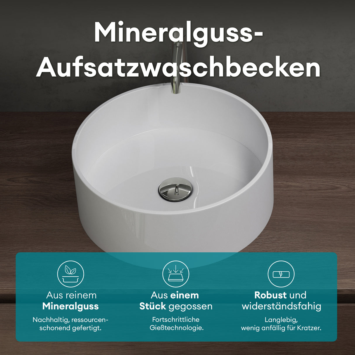 Glasvilla Lavabo Cuadrado para Encimera 40x40x15 cm, Mineralguss, Modelo Col804