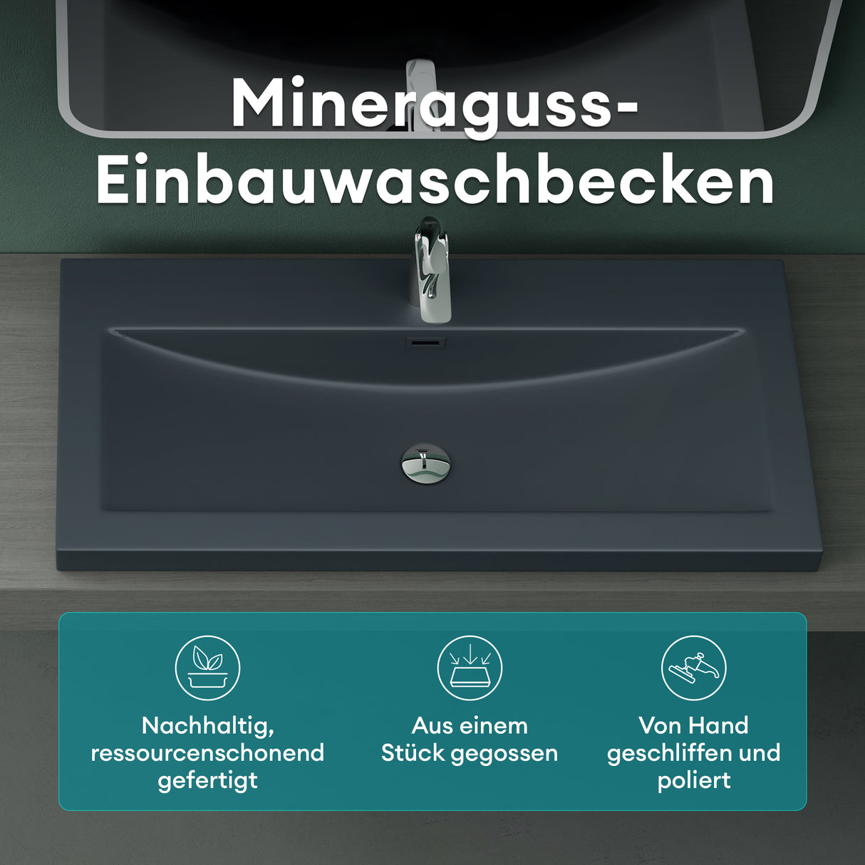 Lavabo Glasvilla Col01 Mineral Cast Rectangular con Desbordamiento y Orificio para Grifo