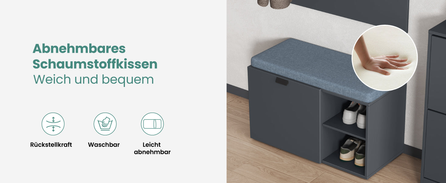 glasvilla Schuhbank mit Sitzfläche, Schuhregal mit Schiebetüren und offenen Fächern, gepolsterter Sitz, verstellbare Ablagen  80x37x50cm Zitta-01