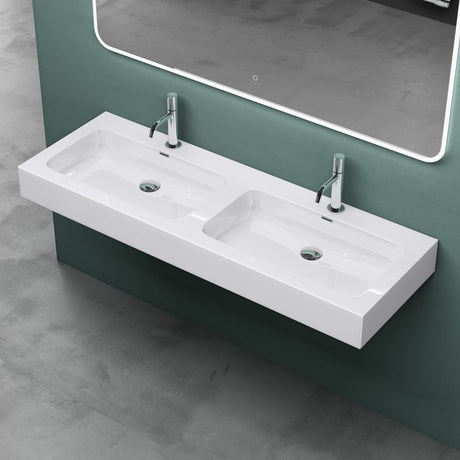 Glasvilla Design, Lavabo doble suspendido / de encimera Col830 en mineral sintético 140×48×13 cm