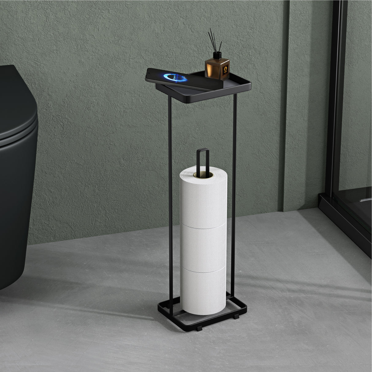 glasvilla  Porta Carta Igienica da Terra con Mensola 16x12x52cm, Porta Rotolo di Carta Igienica in Acciaio al Carbonio con Rivestimento Impermeabile e Antiruggine, Senza Installazione Reglo-04