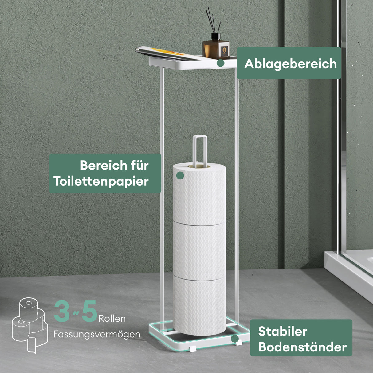 glasvilla  Porta Carta Igienica da Terra con Mensola 16x12x52cm, Porta Rotolo di Carta Igienica in Acciaio al Carbonio con Rivestimento Impermeabile e Antiruggine, Senza Installazione Reglo-04