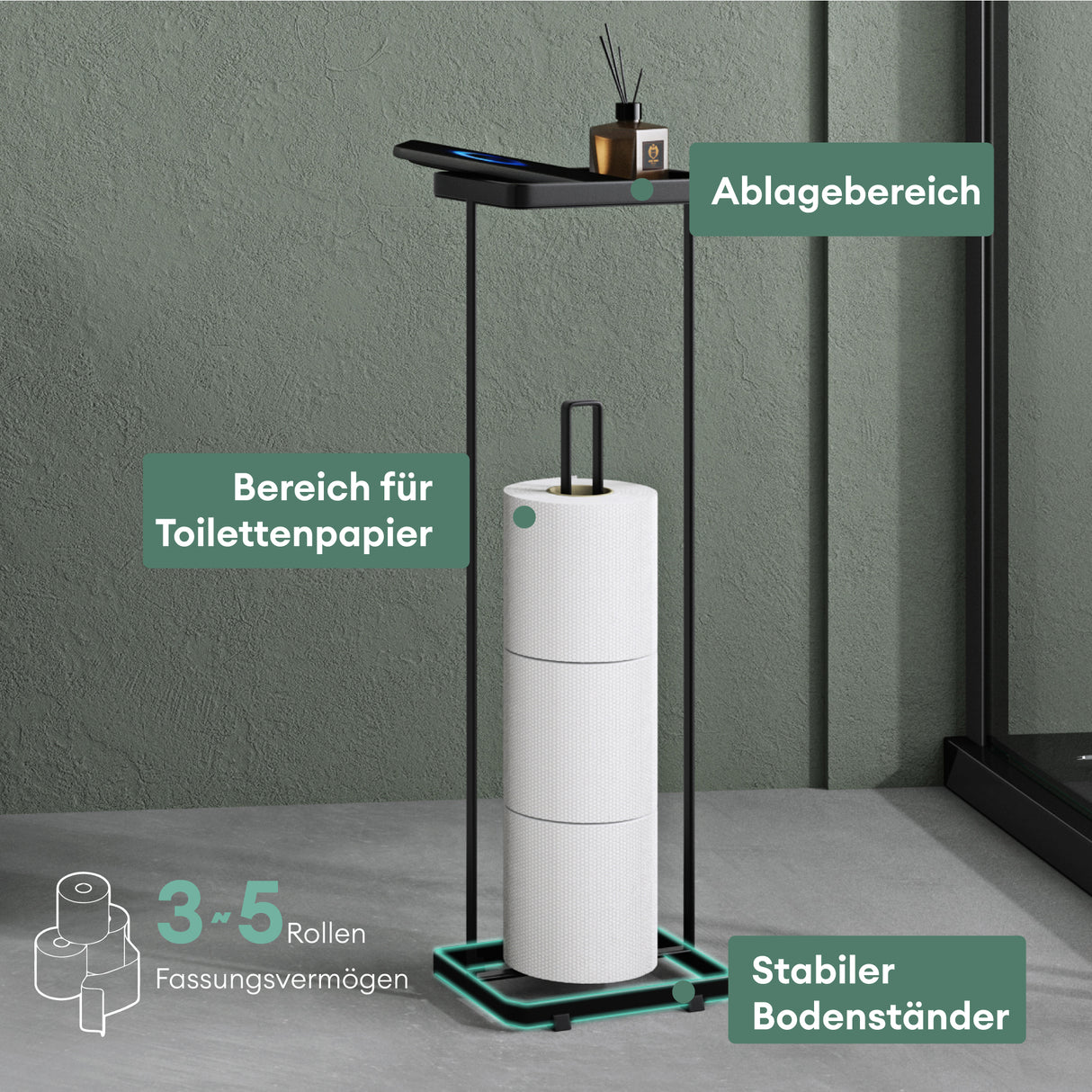 glasvilla  Porta Carta Igienica da Terra con Mensola 16x12x52cm, Porta Rotolo di Carta Igienica in Acciaio al Carbonio con Rivestimento Impermeabile e Antiruggine, Senza Installazione Reglo-04