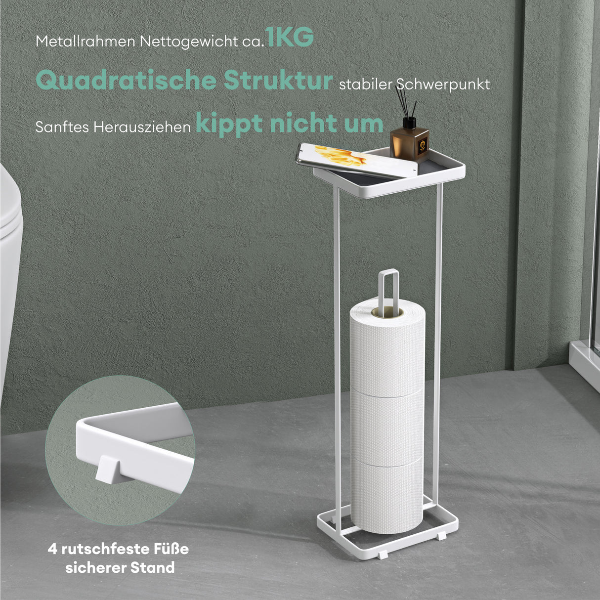 glasvilla  Porta Carta Igienica da Terra con Mensola 16x12x52cm, Porta Rotolo di Carta Igienica in Acciaio al Carbonio con Rivestimento Impermeabile e Antiruggine, Senza Installazione Reglo-04
