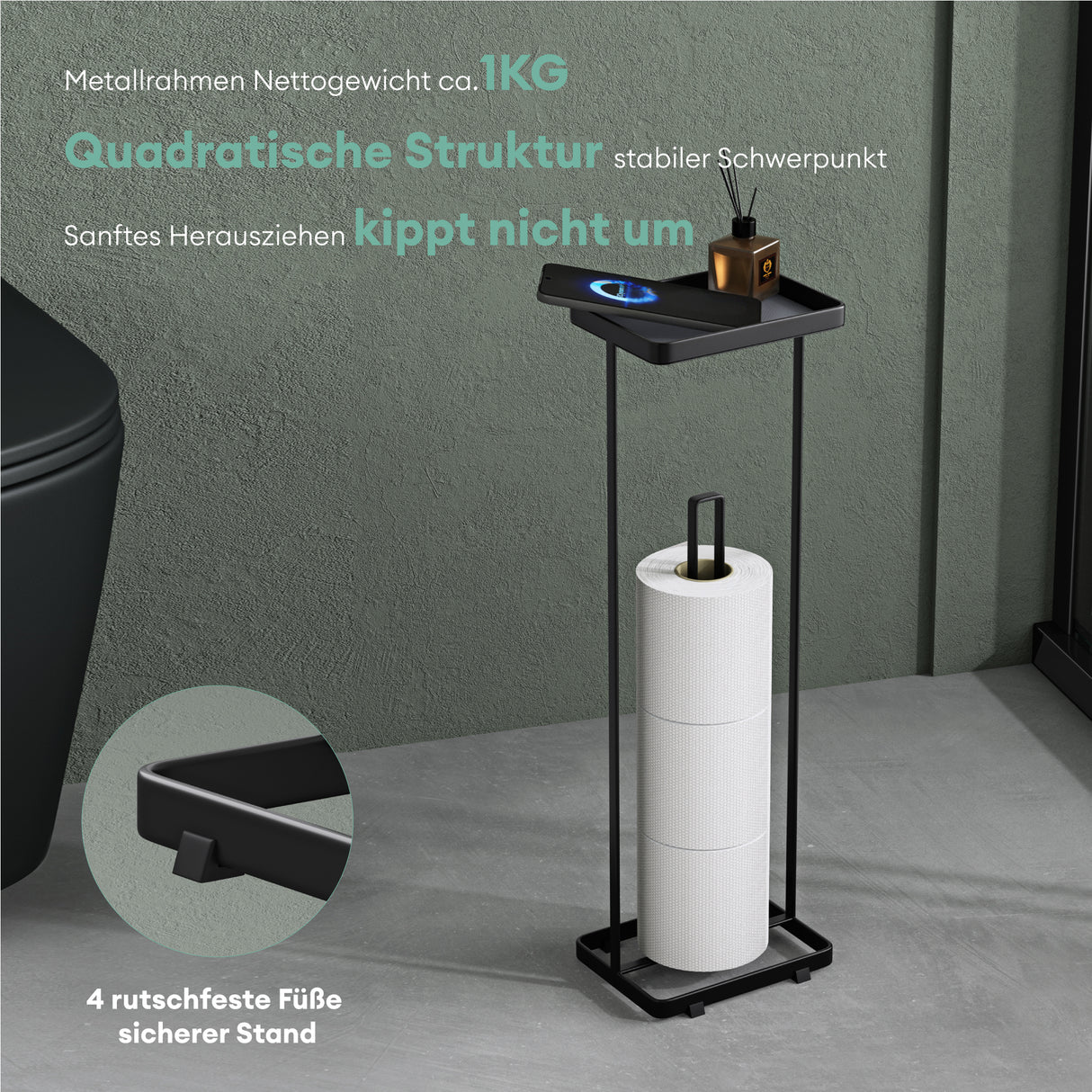 glasvilla  Porta Carta Igienica da Terra con Mensola 16x12x52cm, Porta Rotolo di Carta Igienica in Acciaio al Carbonio con Rivestimento Impermeabile e Antiruggine, Senza Installazione Reglo-04