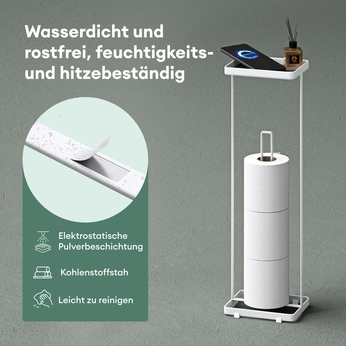 glasvilla  Porta Carta Igienica da Terra con Mensola 16x12x52cm, Porta Rotolo di Carta Igienica in Acciaio al Carbonio con Rivestimento Impermeabile e Antiruggine, Senza Installazione Reglo-04