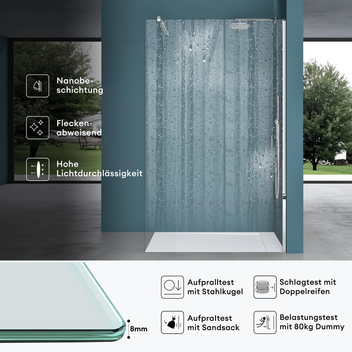 glasvilla Duschwand für Dusche Duschabtrennung Walk-In ESG-Sicherheitsglas 8mm NANO Glas BRAM1 & BRAM3 Bremen1K