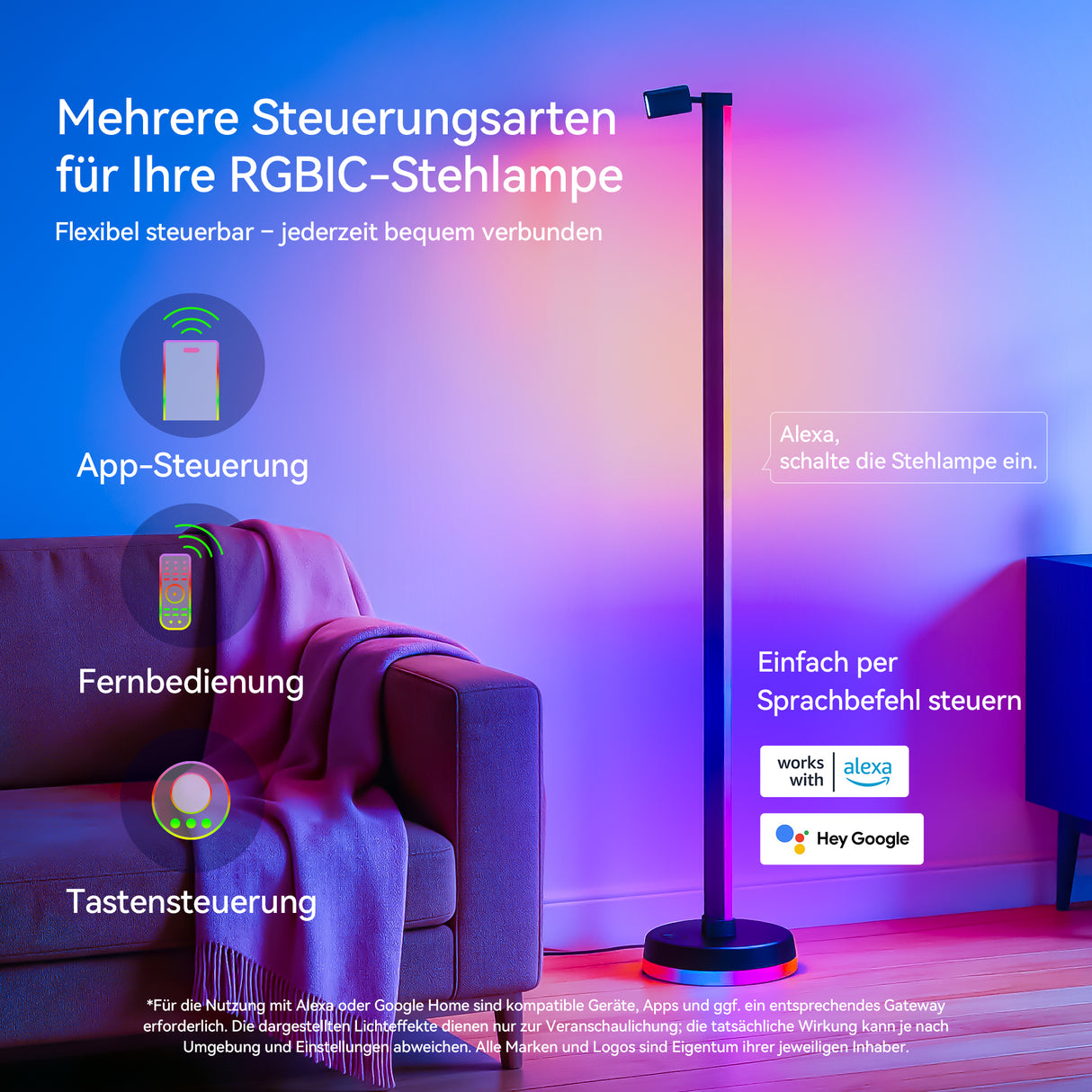 glasvilla Wohnzimmer Dimmbar mit Leselampe, RGBICWW LED Stehlampe mit Warmweiß & 16 Mio. Farben, App & Fernbedienung, 270° Licht, Musik-Sync, für Schlafzimmer Gaming, Lineora-02