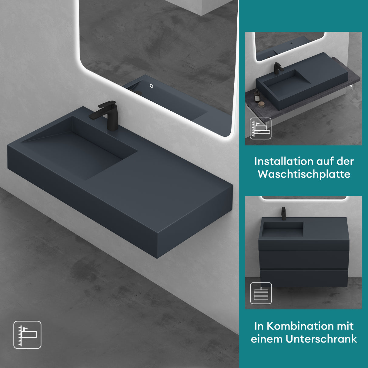 glasvilla lavabo lavabo suspendido lavabo sobre encimera mineral rectangular Col11