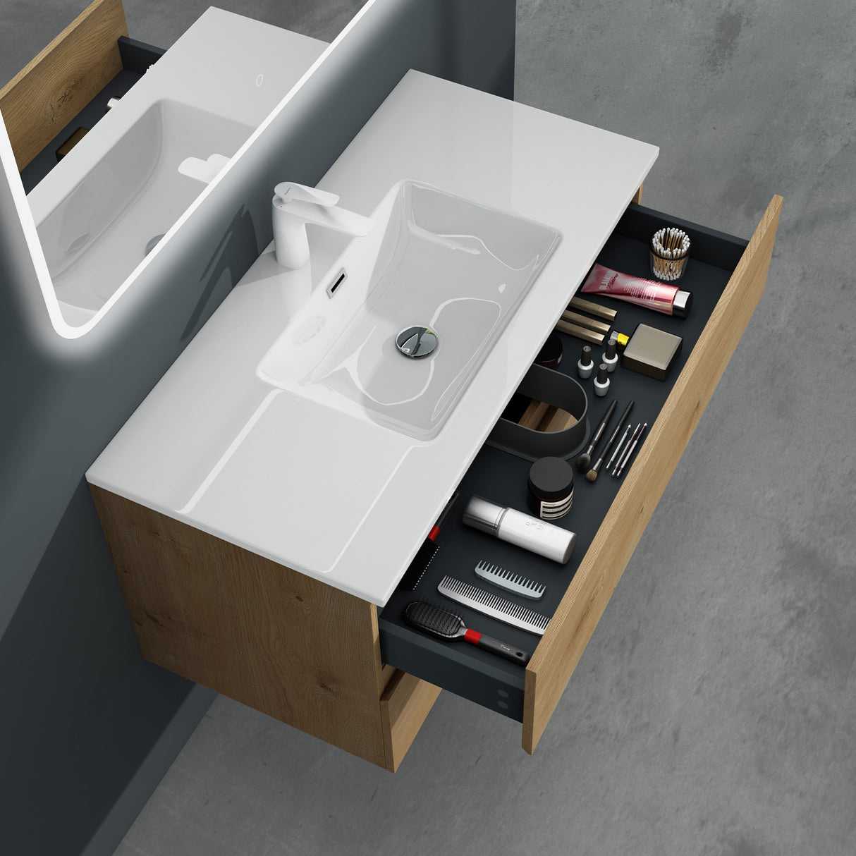 glasvilla Badmöbel-Set Waschtisch mit Unterschrank Mineralguss Waschbecken Waschbeckenunterschrank  2-Schubladen Soft-Close Aqualis