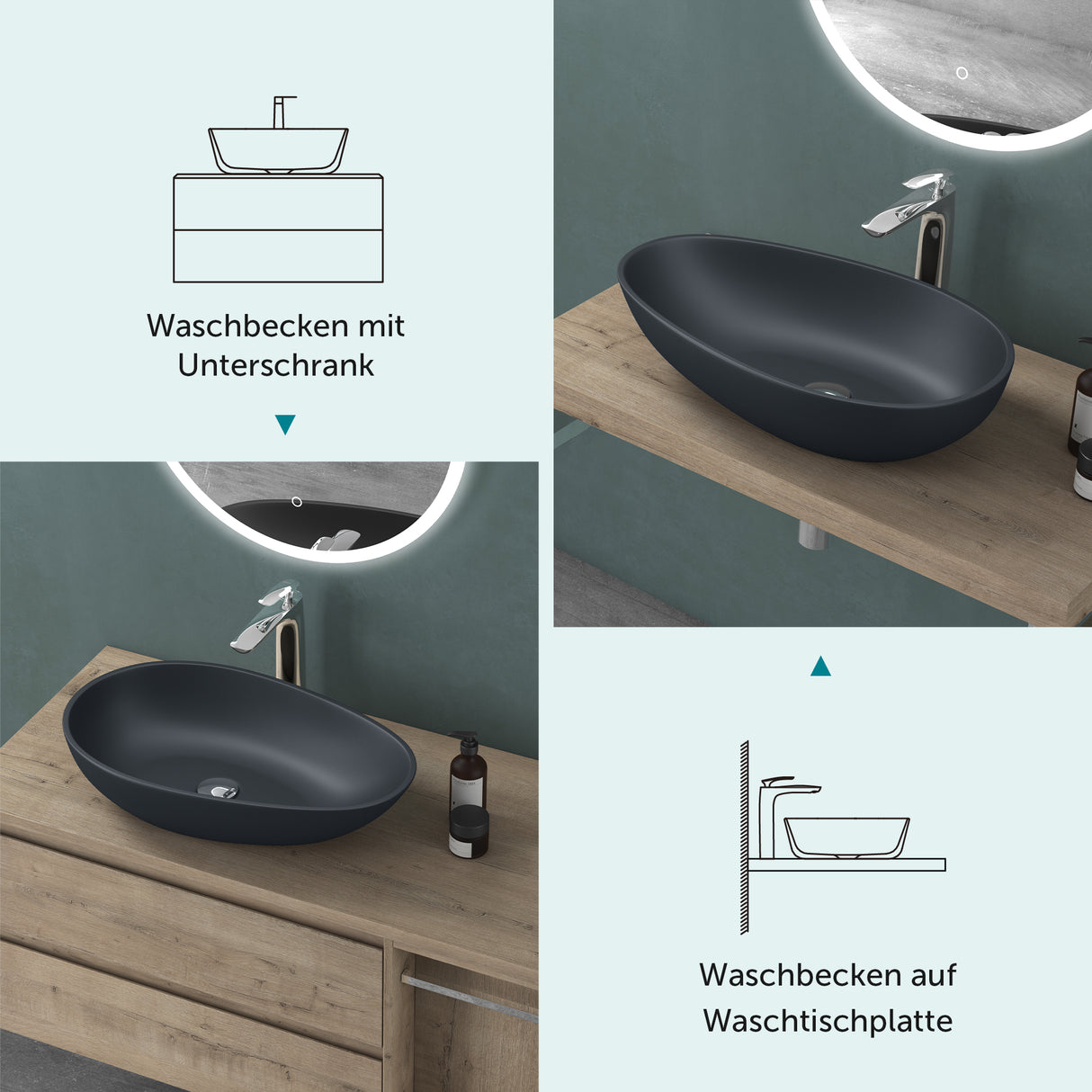 glasvilla Waschbecken oval Aufsatzwaschbecken ohne Hahnloch und Überlauf Col809