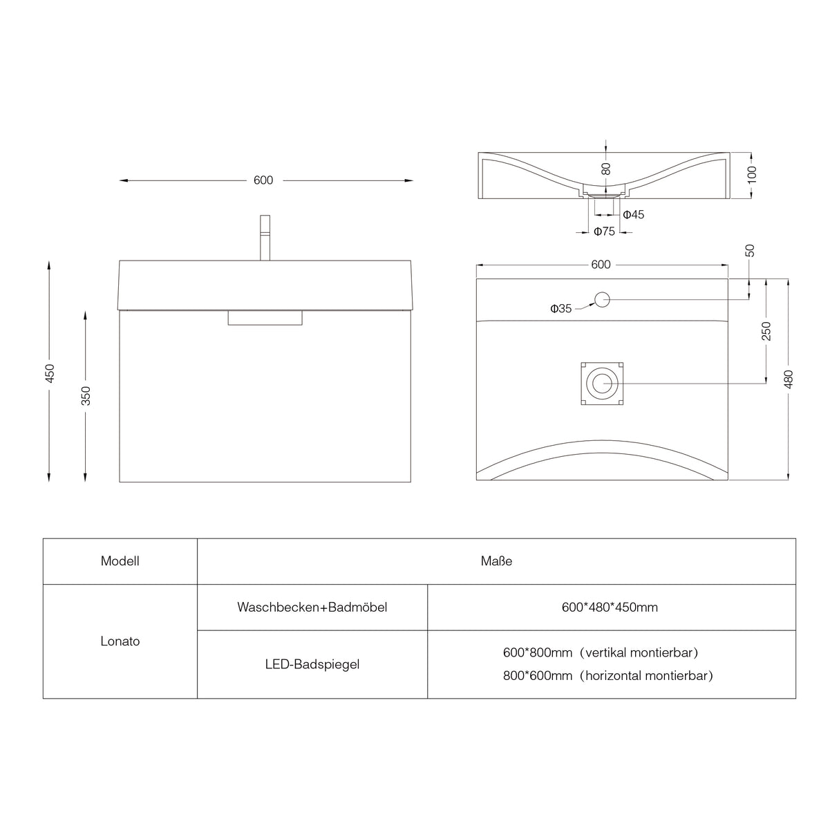 glasvilla Mobile Bagno Sospeso, Mobile da Bagno con Cassetto a Chiusura Soft-Close Include Lavabo, Lonato