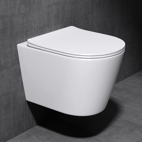 glasvilla Hänge WC Toilette Wand-WC Spülrandlos Weiß aus Keramik Wandmontage mit Absenkautomatik