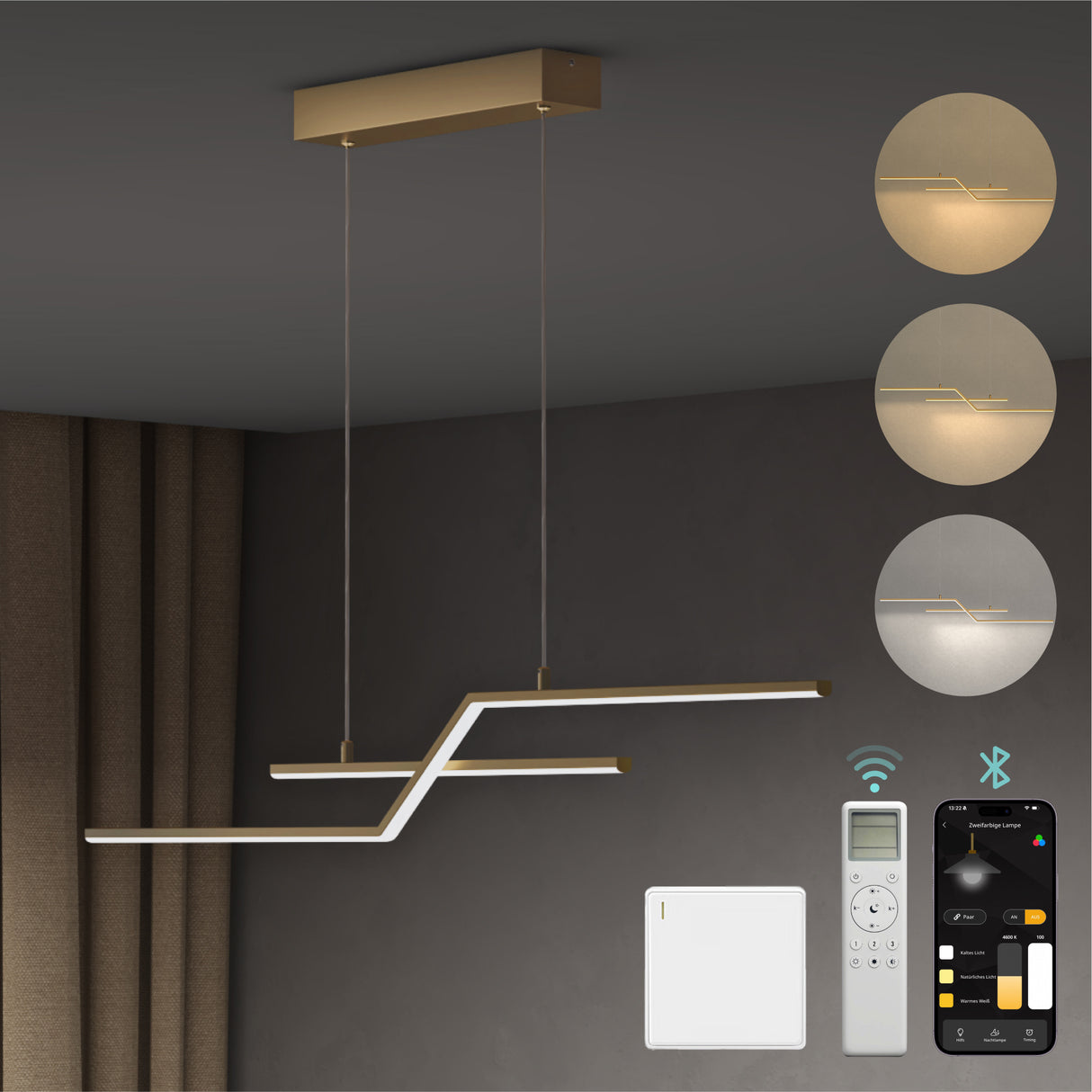 glasvilla Pendelleuchte 105cm LED Hängelampe Linear design 3000K/4000K/6000K Verstellbares Kabel 18W Hängeleuchte Alivetta7085 Luvina10