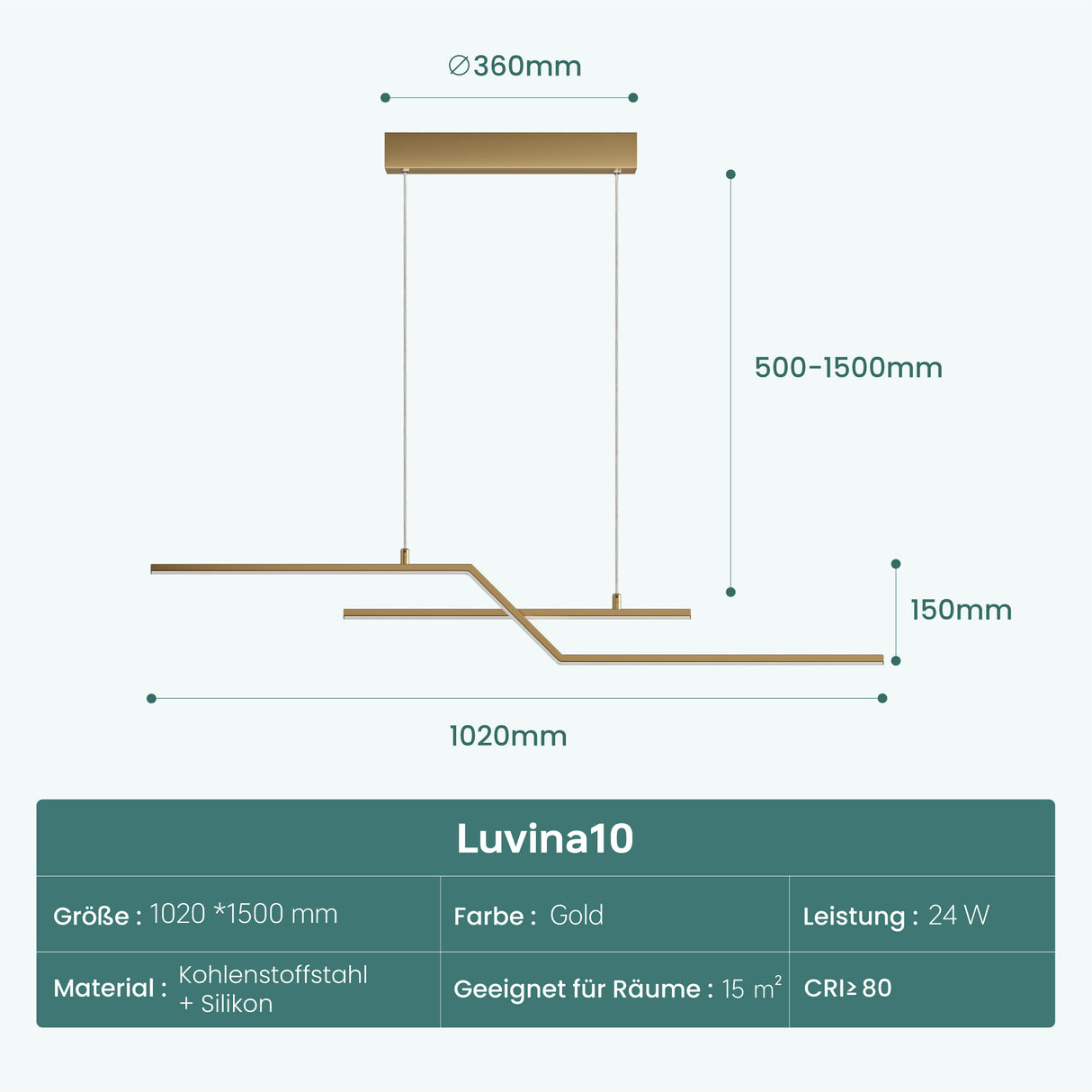 glasvilla Pendelleuchte 105cm LED Hängelampe Linear design 3000K/4000K/6000K Verstellbares Kabel 18W Hängeleuchte Alivetta7085 Luvina10