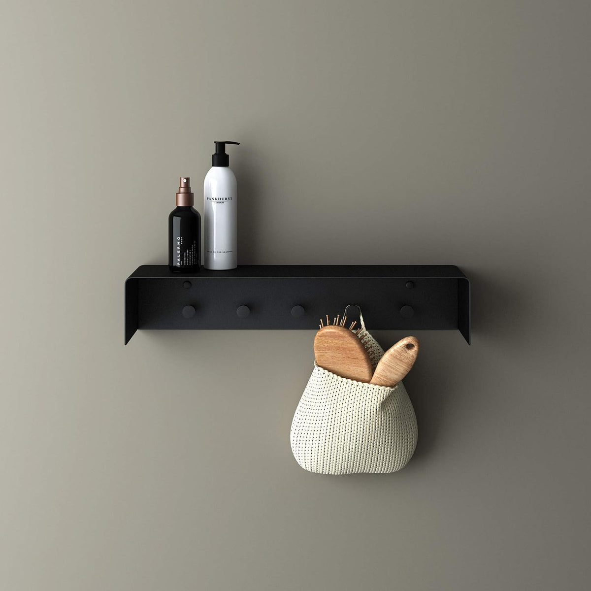 glasvilla Handtuchhaken mit Ablage Schwarz matt 50x10x10 cm aus Edelstahl Wandregal mit Hakenleiste, Handtuchhalter Wandmontage inkl. 5 Haken, MMF257