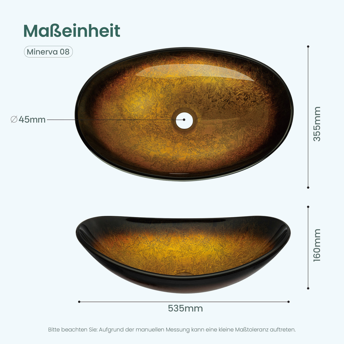 glasvilla Waschbecken Glas Aufsatzwaschbecken Glaswaschbecken Handwaschbecken Waschschale Oval Minerva08
