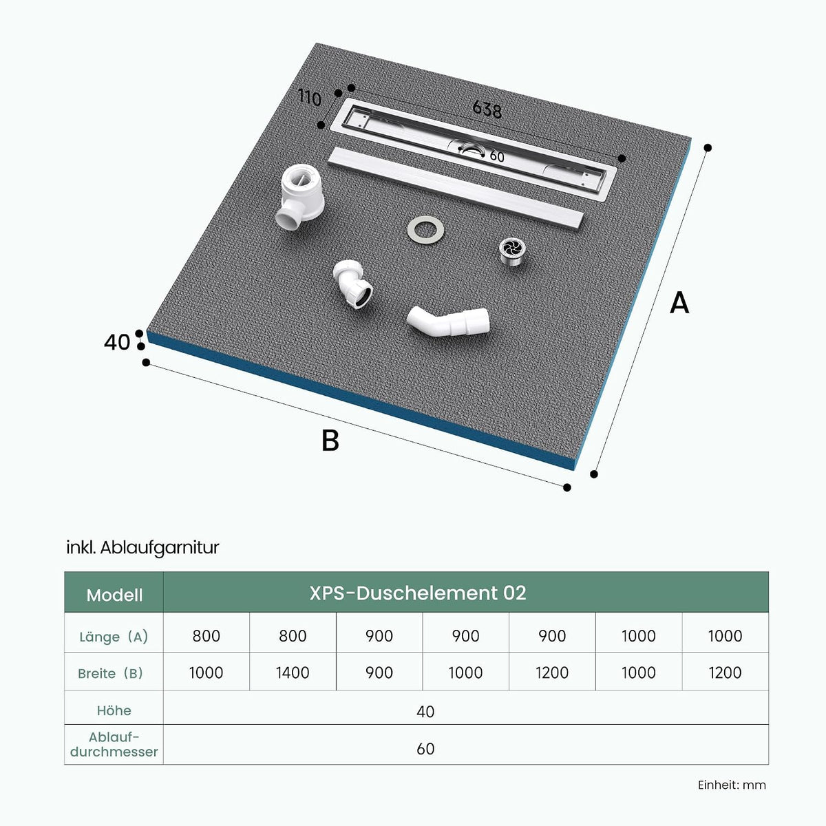 glasvilla  Duschwanne inkl. Duschrinne und Ablaufgarnitur Duschtasse bodeneben Gefälleplatte, Duschboard befliesbar Duschelemente, XPS-Duschboard02