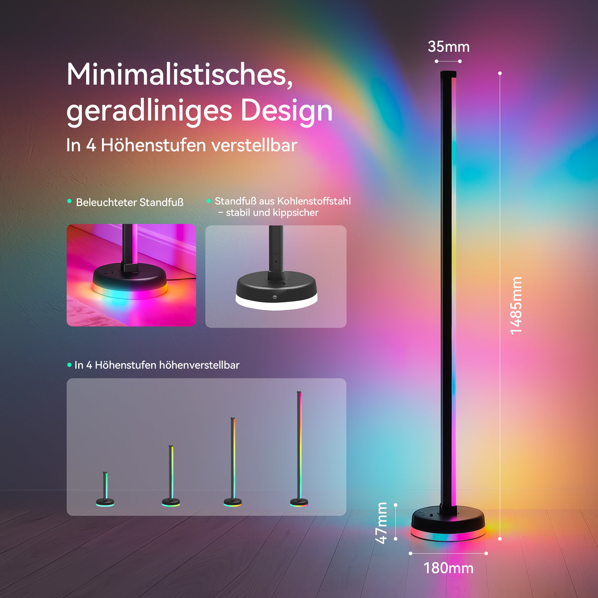 glasvilla Stehlampe Wohnzimmer Dimmbar, RGBICWW Stehlampe mit reinem Warmweiß & 16 Millionen Farben, App & Fernbedienung, Musik-Sync, 270° Licht, Timer, für Schlafzimmer Gaming, Lineora-01