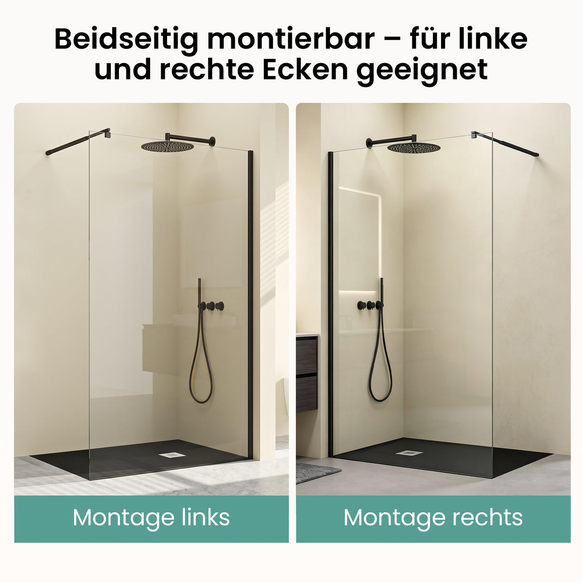 glasvilla Duschwand für Dusche Duschabtrennung Walk-In Dusche Duschtrennwand Schwarz 10mm ESG-Sicherheitsglas NANO Klarglas BRAM1/BRAM3 Bremen02K