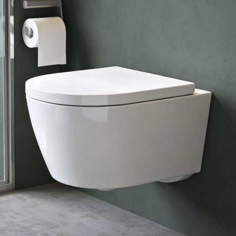 glasvilla Hänge WC Toilette Wand-WC Spülrandlos Weiß aus Keramik Wandmontage mit Absenkautomatik