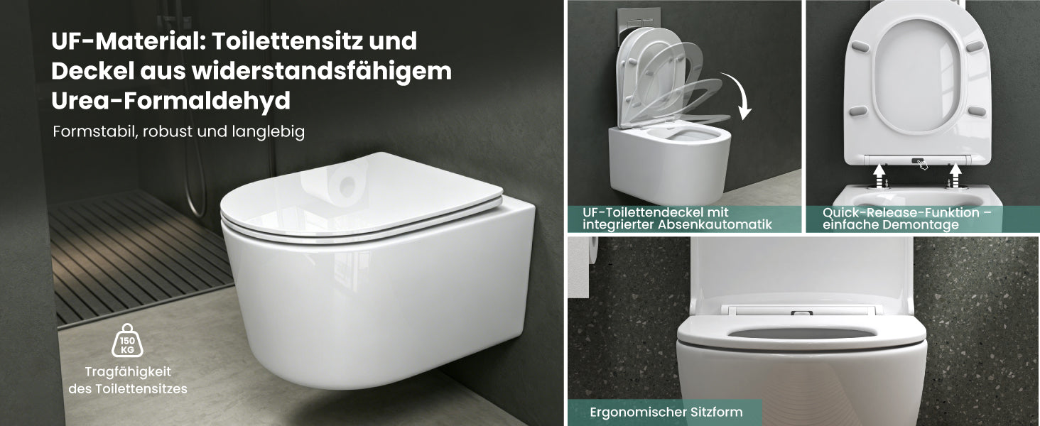 glasvilla Hänge WC Toilette Wand-WC Spülrandlos Weiß aus Keramik Wandmontage mit Absenkautomatik