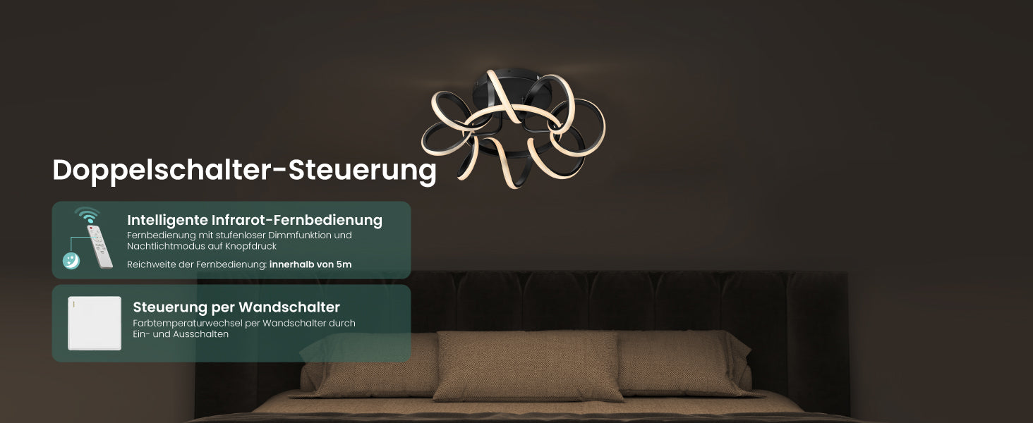 glasvilla Deckenlampe, dimmbar 3000-6400K,mit Fernbedienung | LED Deckenleuchte,112W Schwarz,Moderne,für Schlafzimmer, Wohnzimmer, Kinderzimmer Nuvora06