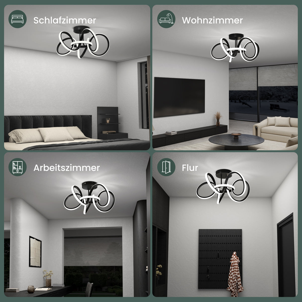 glasvilla LED Deckenleuchte Deckenlampe mit Fernbedienung, Stufenlos dimmbar 3000-6400K, flimmerfreie Zimmerlampe 65W Schwarz für Schlafzimmer, Wohnzimmer, Arbeitszimmer, Flur