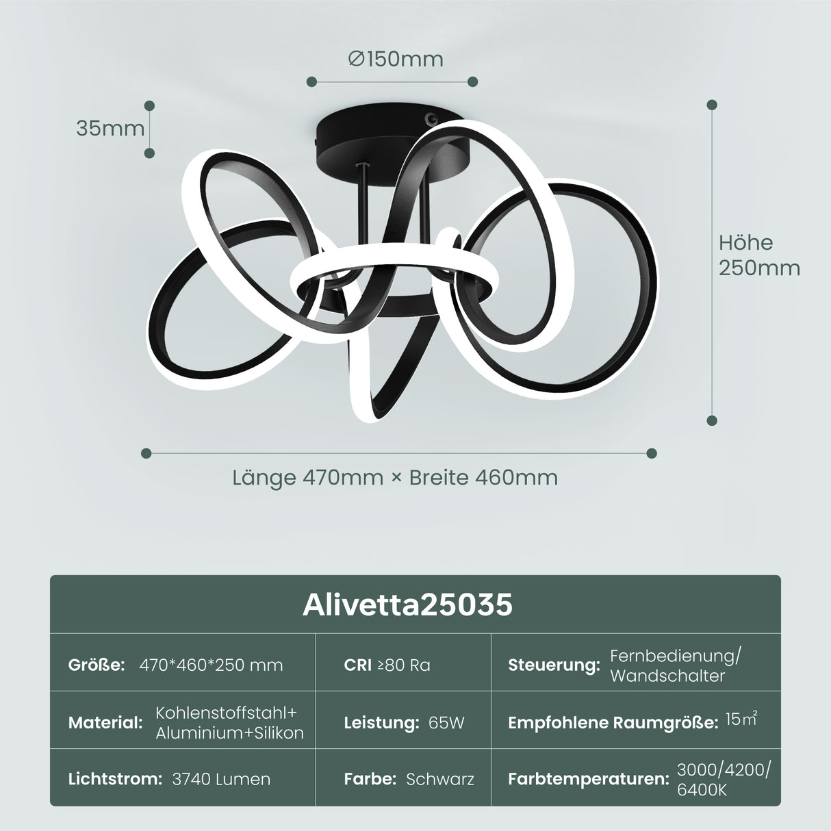 Glasvilla Design – Lámpara de techo LED negra con mando a distancia, regulable 3000–6400K, sin parpadeo (65W)