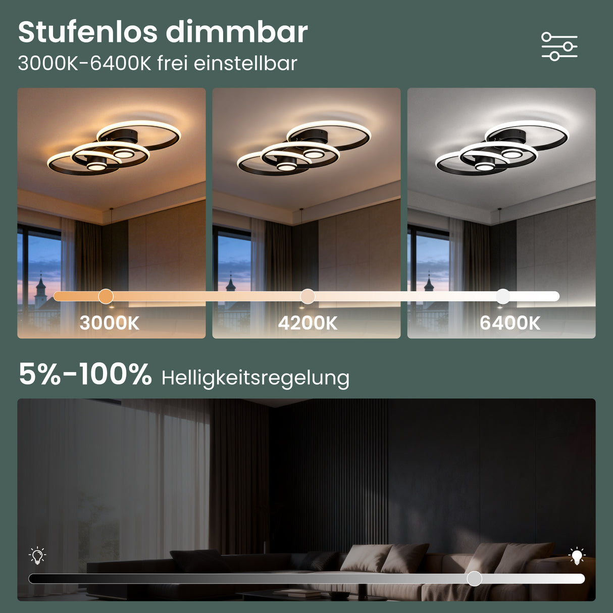 glasvilla Plafoniera LED Soffitto 70W 4189LM, Lampadario LED Soffitto 3000K - 6400K Illuminazione a Soffitto Moderna per Camera da Letto Sala Cucina Bagno Corridoio, Nero, Alivetta25037